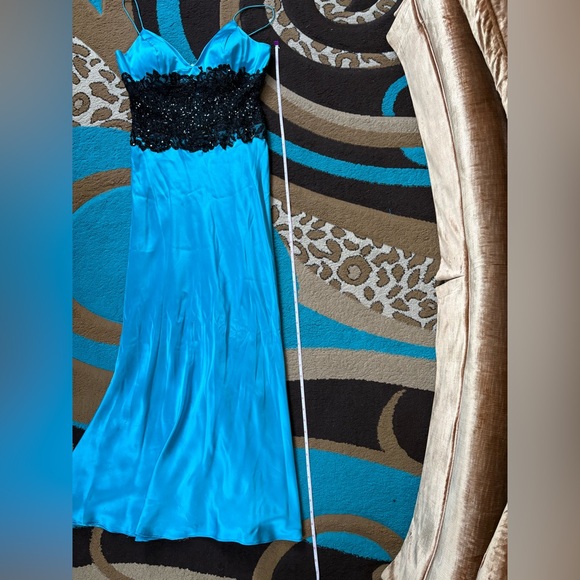 Jovani Turquoise and Black Sequined Lace Formal Gown - Picture 8 of 13